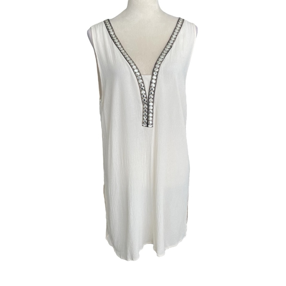 Melissa Paige Top Sz L Beachy Textured Boho Flowy Tunic Neutral Open Back V-Neck